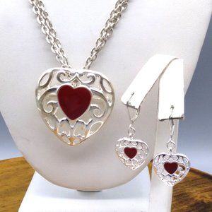 Vintage Red Enamel Heart Parure, Pendant Brooch Necklace and Matching Earrings